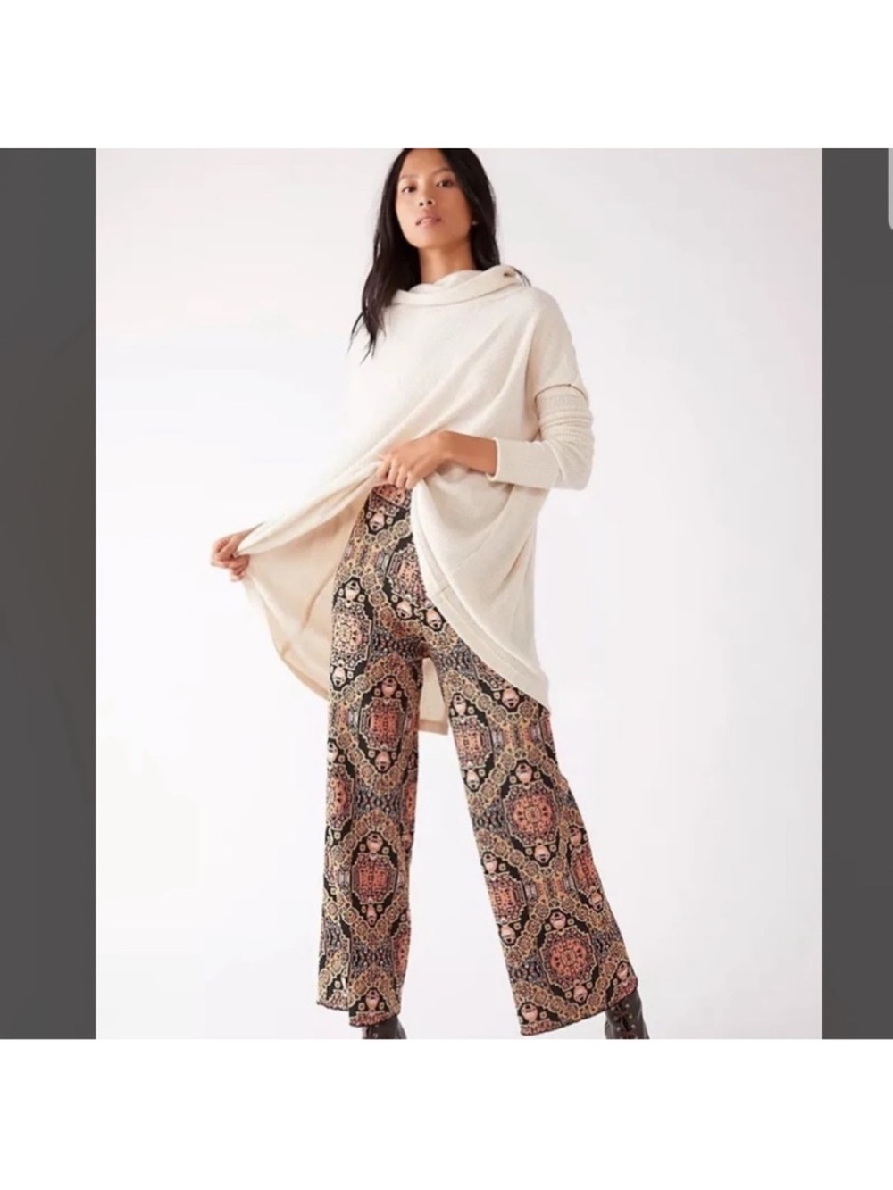 Free People Sun in the West Patterned Wide-Leg Pants. Black/orange/green. Size L